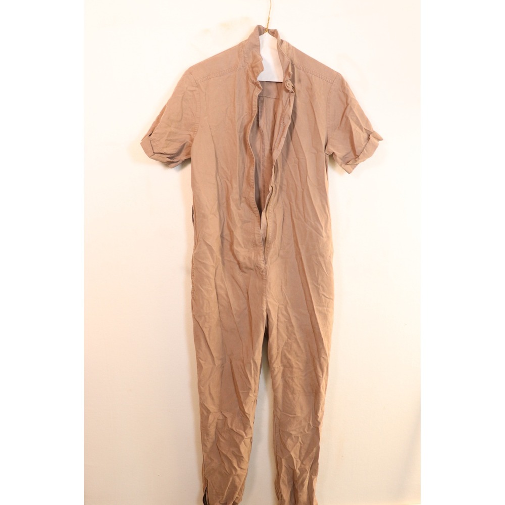 Tan Short Sleeve Utility Jumpsuit Full Zip Elastic Ankle Cuffs Twill Coveralls